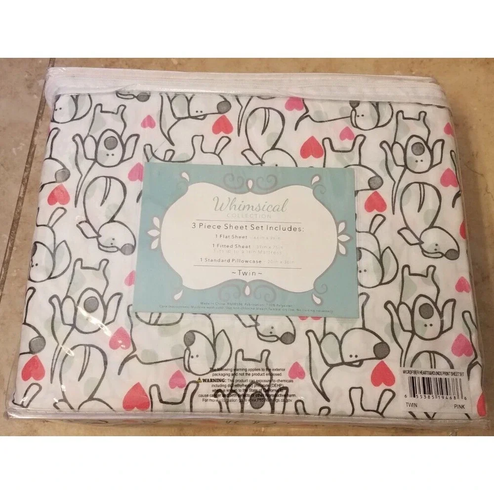 Whimsical Collection TWIN 3pc Sheet Set Puppy Love Dog Hearts White NEW‎